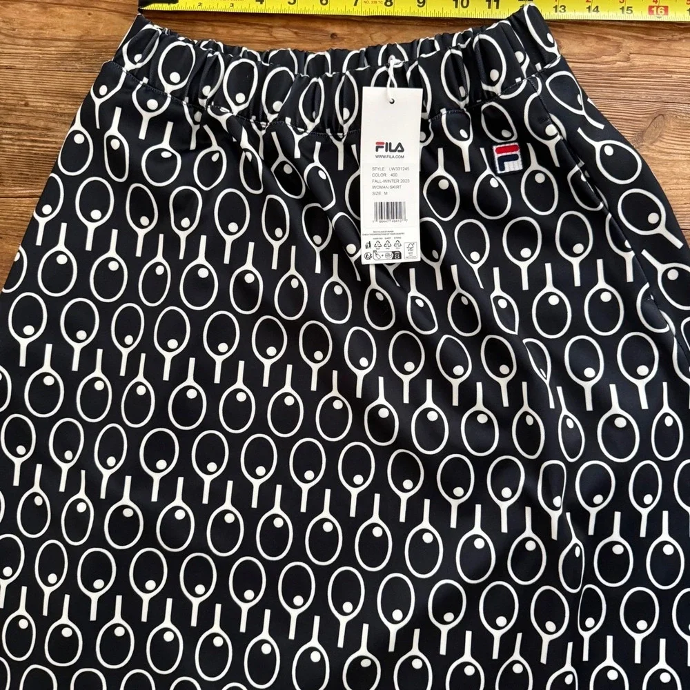 Fila Navy White Tennis‎ Racket Print Midi Skirt w/ Pockets Women's Medium NWT